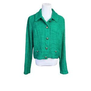 Guess Nobby Tweed Blazer Jacket Green Notched Lapel Cropped Retro Gold Buttons X